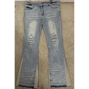 Rockstar Original Distressed Raw Hem Light Wash‎ Bling Flare Jeans RSM 205 Sz 42